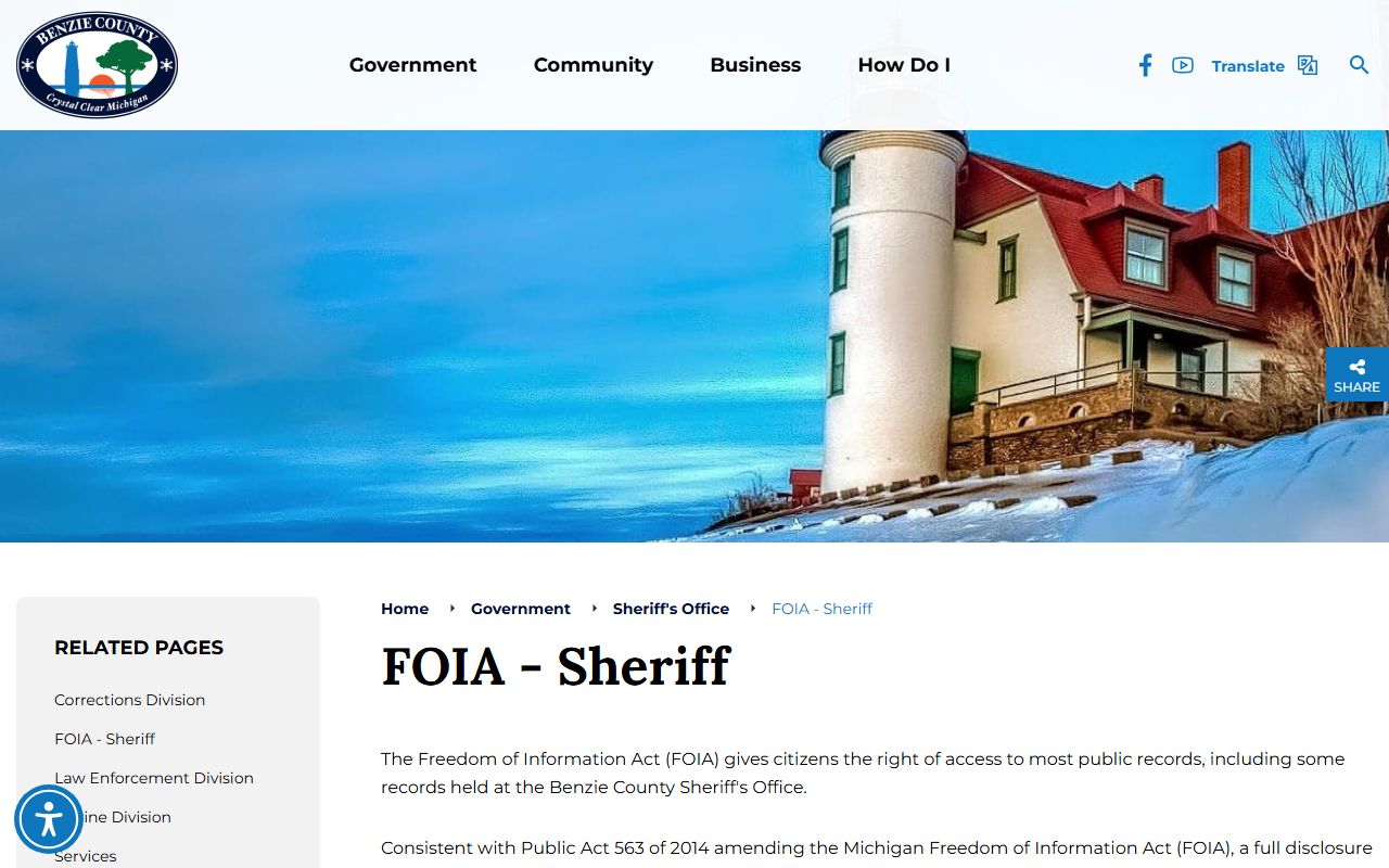 Benzie County jail mugshots sheriff FOIA request page